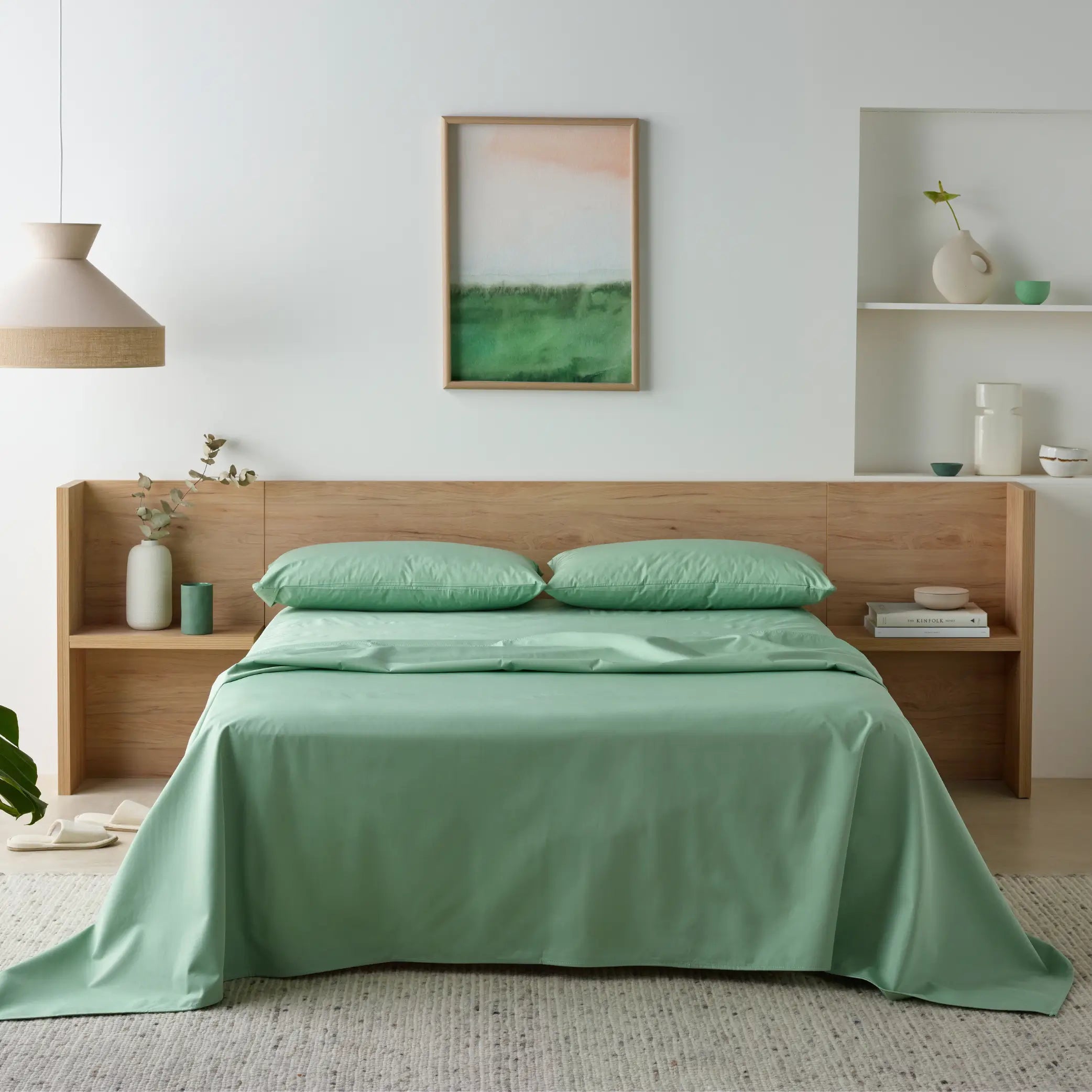 Serene bedroom featuring a green waterproof bamboo fitted sheet  Made from ultra-soft, breathable bamboo fabric, these hypoallergenic, moisture-resistant sheets offer luxurious comfort and all-night protection.