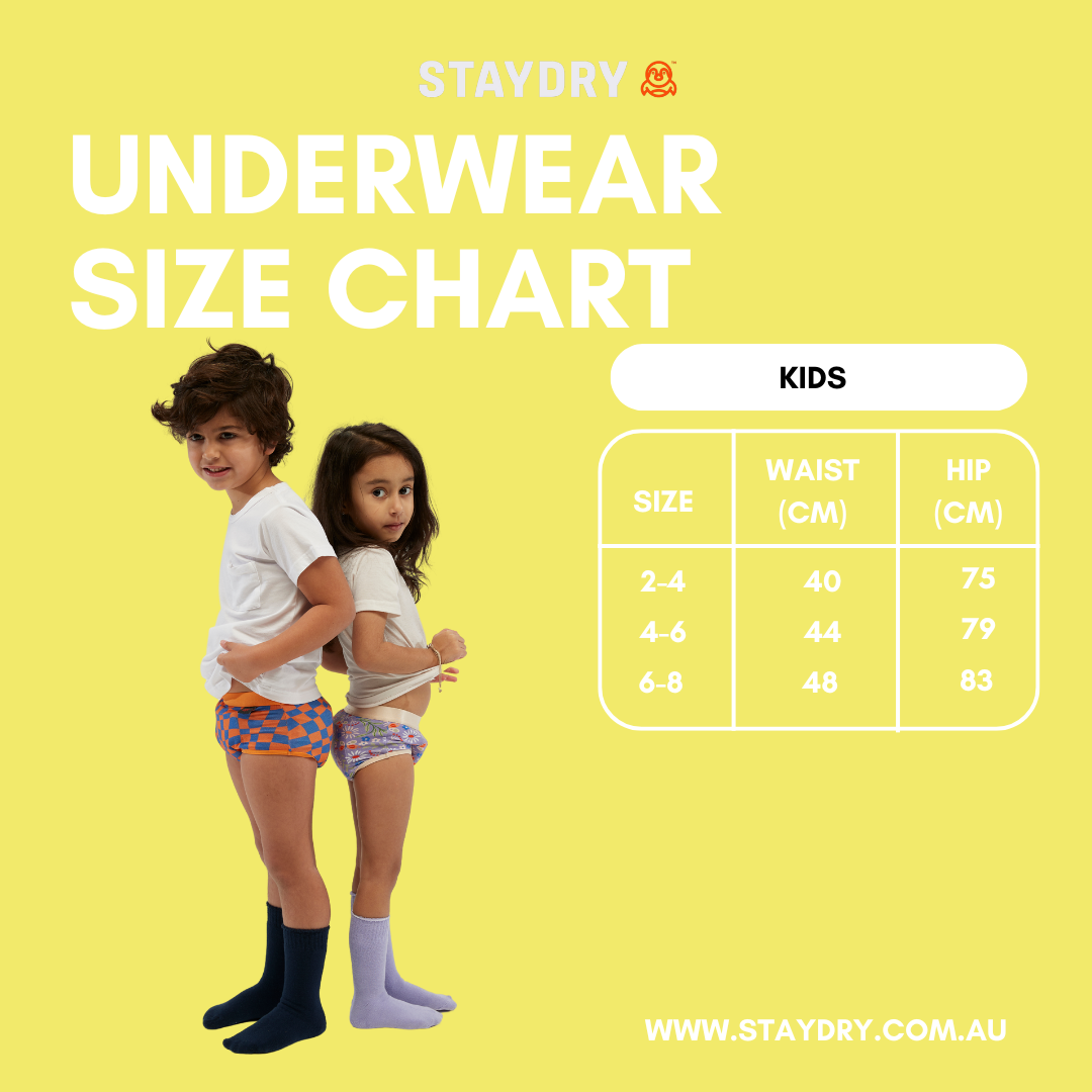 StayDry Kids' Underwear Size Chart featuring two children standing back-to-back, both wearing waterproof underwear