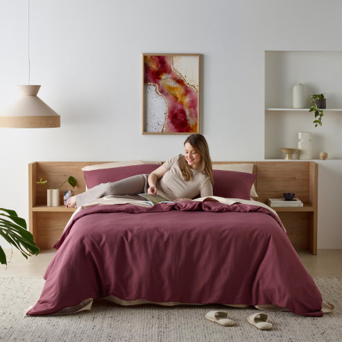 Bedroom featuring a luxurious linen-look water-resistant quilt cover set in cacao colour.