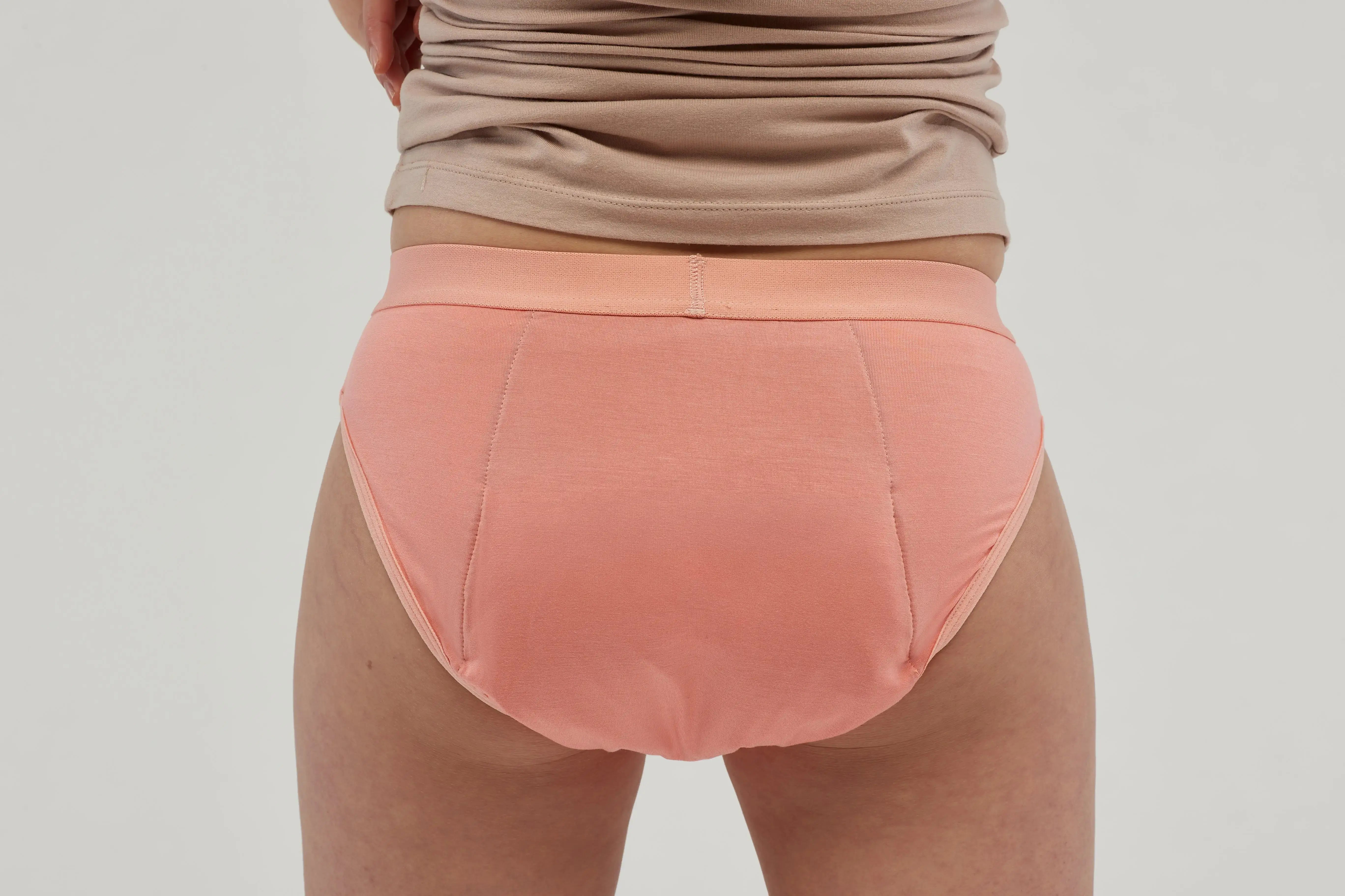 Rear view of teen girls' incontinence underwear in soft peach pink, designed with a discreet, absorbent core and leak-proof protection. Crafted from breathable, moisture-wicking fabric, these machine-washable, reusable briefs provide all-day comfort, security, and confidence. Featuring a seamless design and a snug yet flexible fit, ideal for active lifestyles.