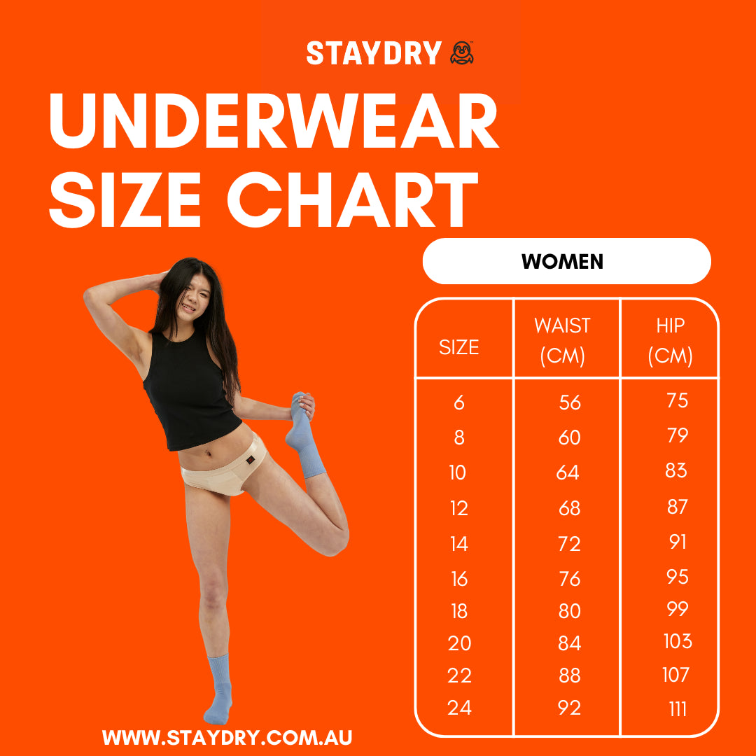 StayDry women's underwear size chart displaying waist and hip measurements in centimetres for sizes 6 to 24, set against an orange background with a model wearing beige waterproof incontinence underwear.